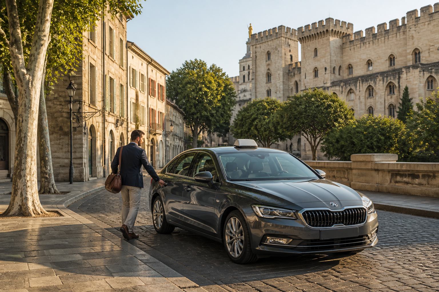 Taxi moderne a avignon au soleil couchant