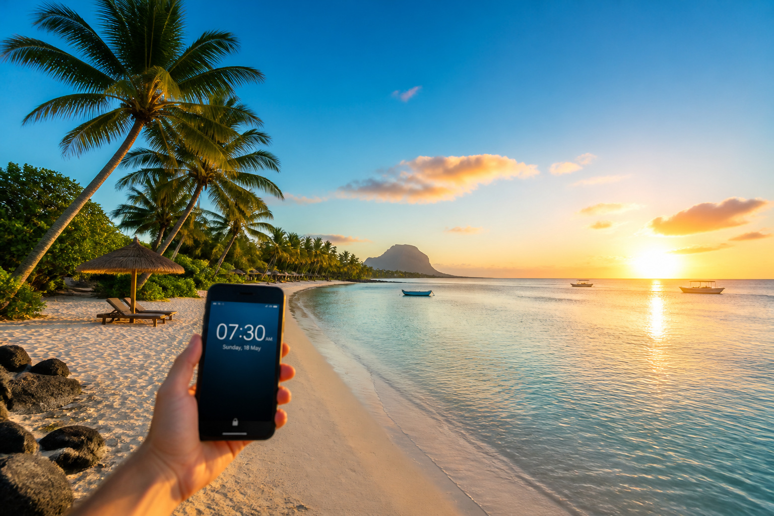 Lever du soleil a lile maurice avec un smartphone