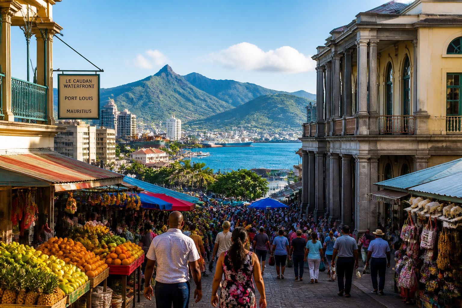 Port louis marche anime et vue sur la baie