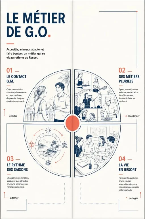 Infographie sur le métier de G.O. Club Med, les missions et la vie en Resort