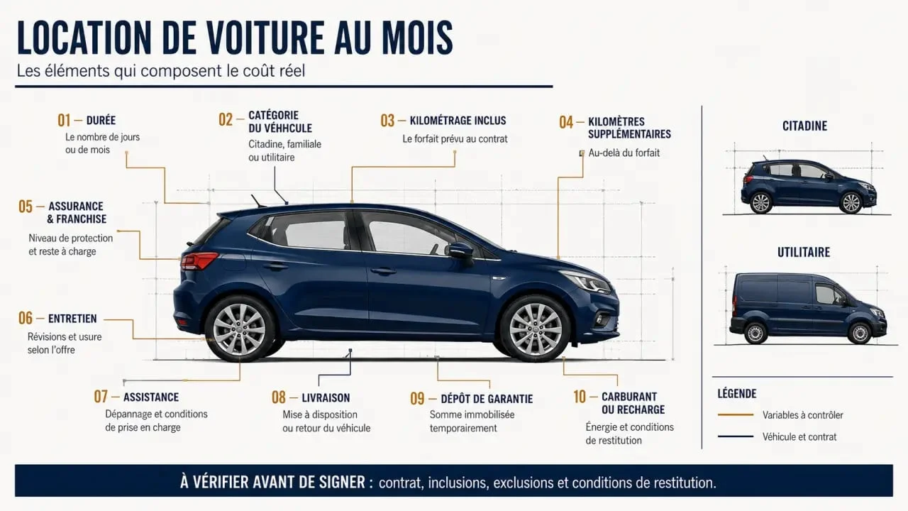 Infographie sur le coût d’une location voiture au mois et ses principaux frais