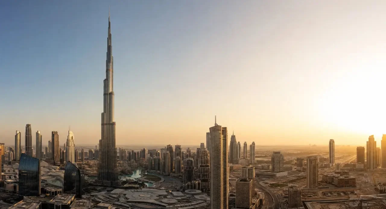 Activité Dubai autour du Burj Khalifa et de la skyline de Dubaï au coucher du soleil