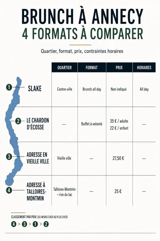 Infographie comparative des options de brunch à Annecy selon le prix, le format et le quartier