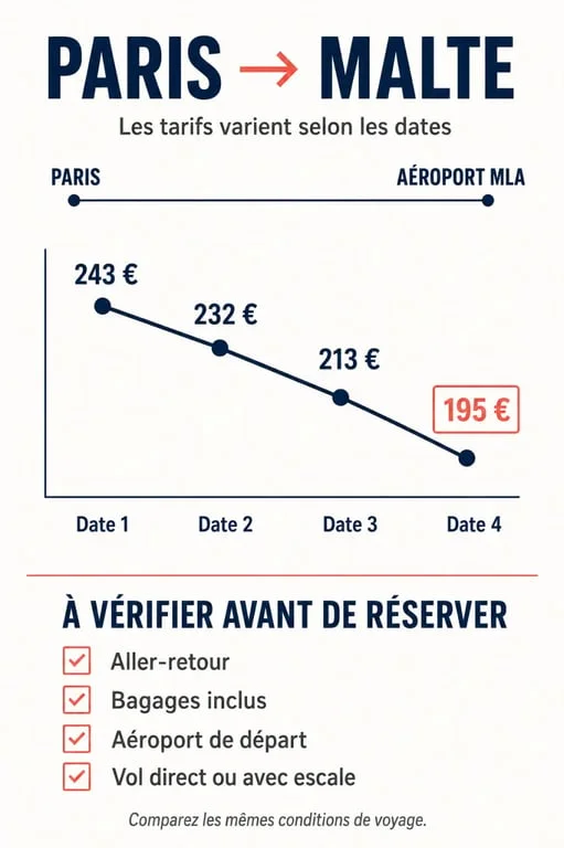 Infographie des tarifs d’un vol Paris-Malte selon les dates et les options