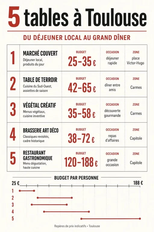 Infographie comparative des meilleurs restaurants à Toulouse selon le budget, la cuisine et l’occasion