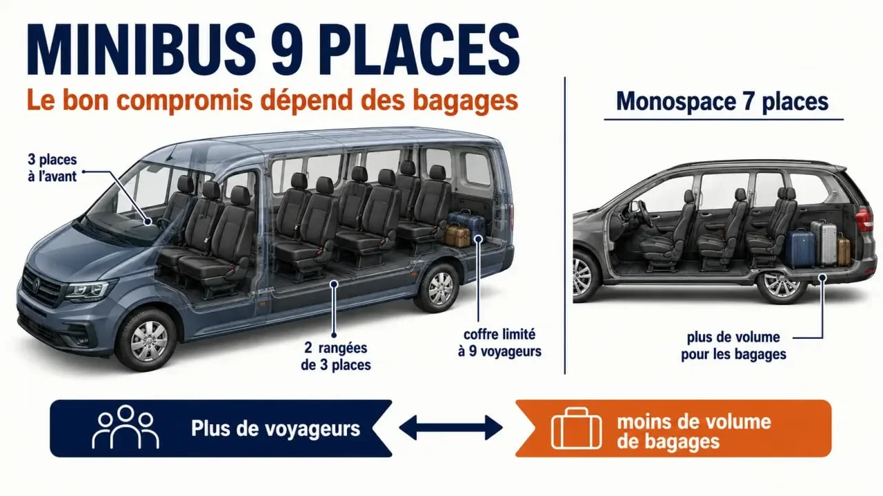 Location minibus 9 places : organisation des sièges et des bagages face à un monospace 7 places