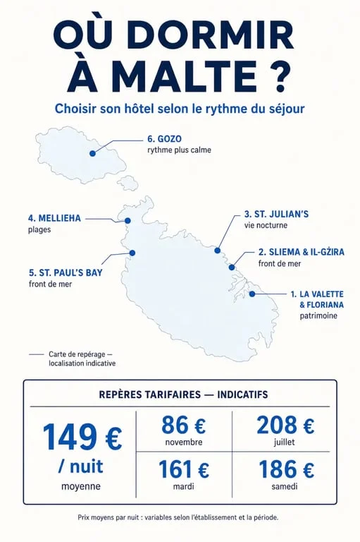Infographie pour choisir un hôtel à Malte selon la zone et les prix indicatifs