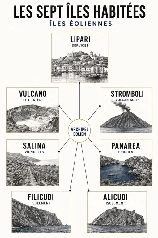 Infographie des sept îles Éoliennes et de leurs paysages