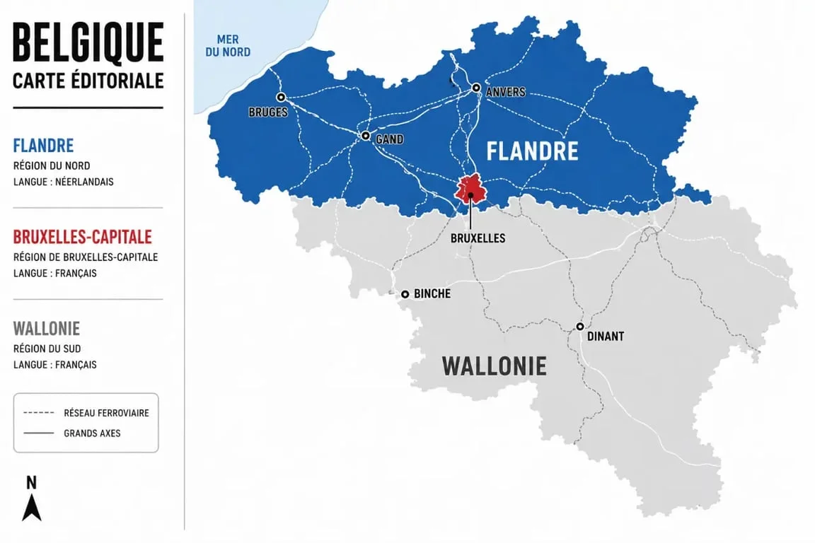 Carte de Belgique présentant la Flandre, la Wallonie, Bruxelles, les principales villes et le littoral